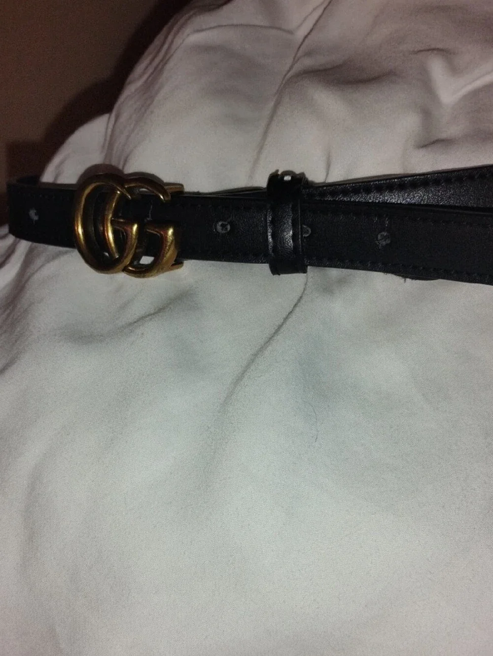 Double G Buckle Leather Belt - Black with Antique Gold Hardware